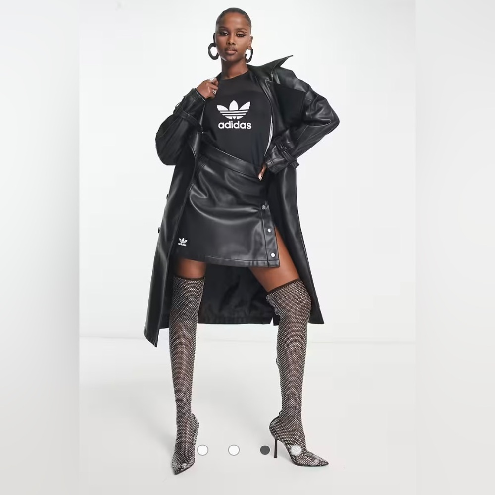 NWT Adidas Originals Size Small Black Trefoil Faux Leather Trench Coat